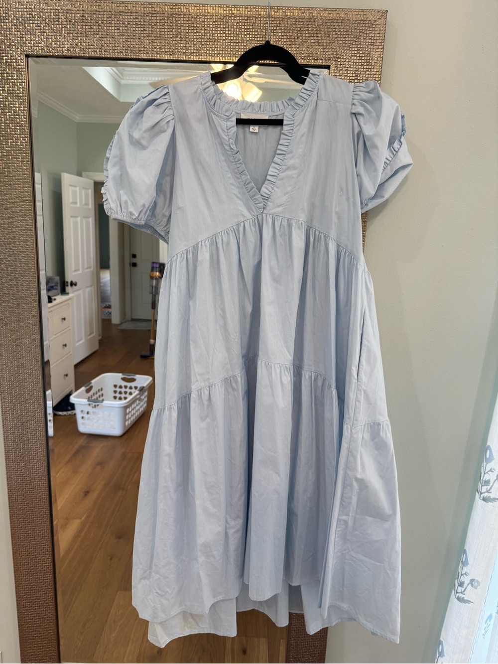 MARBLE Light Blue Puff-Sleeve Tiered Midi Dress